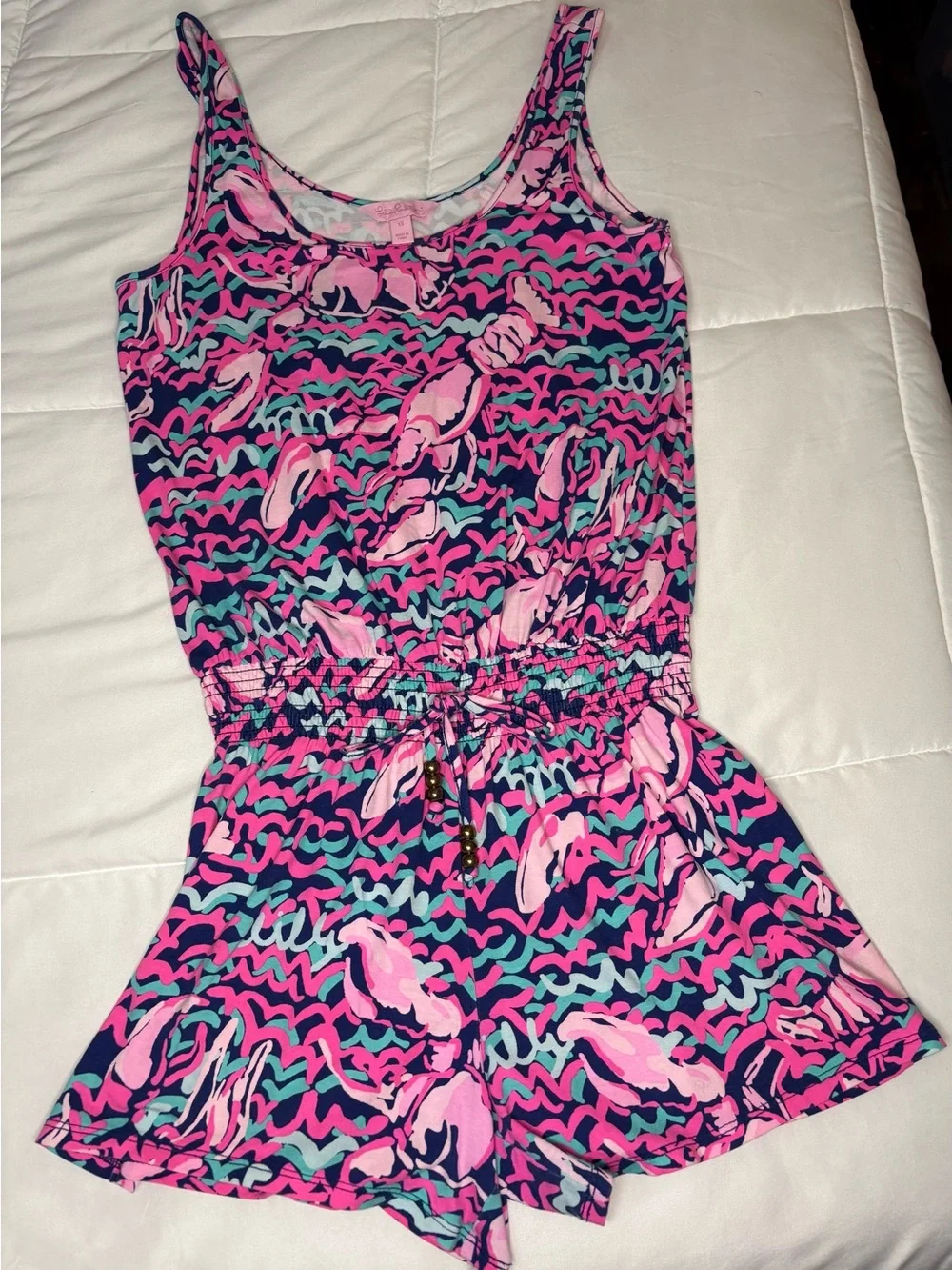 Lilly Pulitzer XS Pink Navy Lobster Print Sleeveless Romper Drawstring Waist